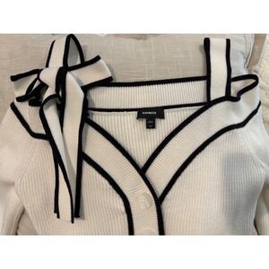 Express Cardigan Women XS White Black Cold Shoulder Bow Ribbed Knit Button Up‎